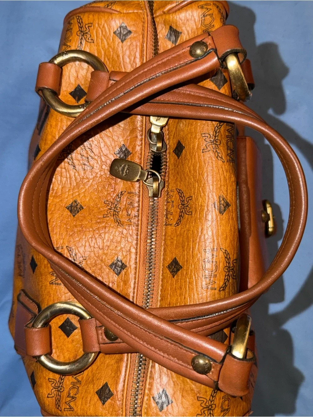 MCM Vintage Visetos Boston Bag Cognac Monogram Satchel Handbag